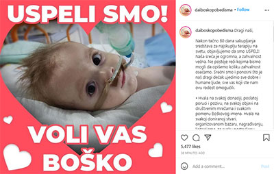 Porodica objavila da je sakupljen novac za Boškovo lečenje